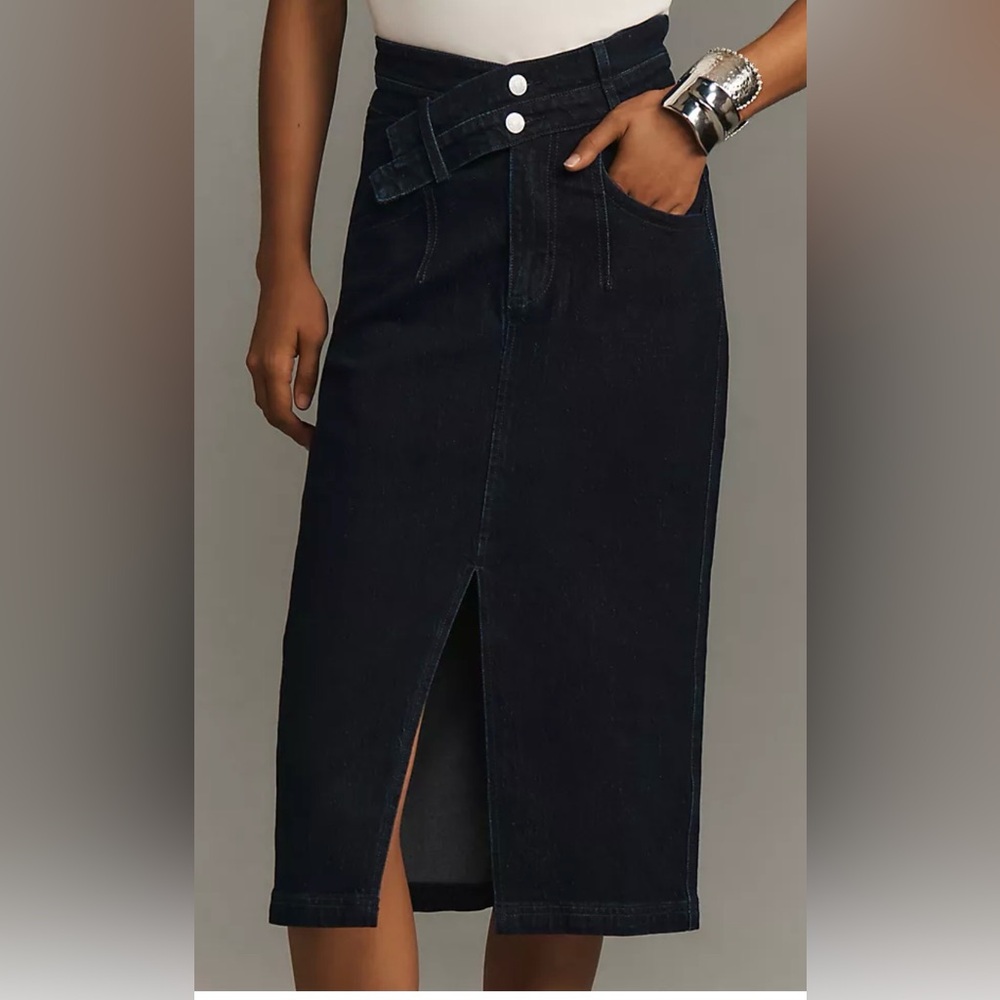 Pilcro The Arden Double Waist Denim Midi Skirt Front Slit Dark Wash 0